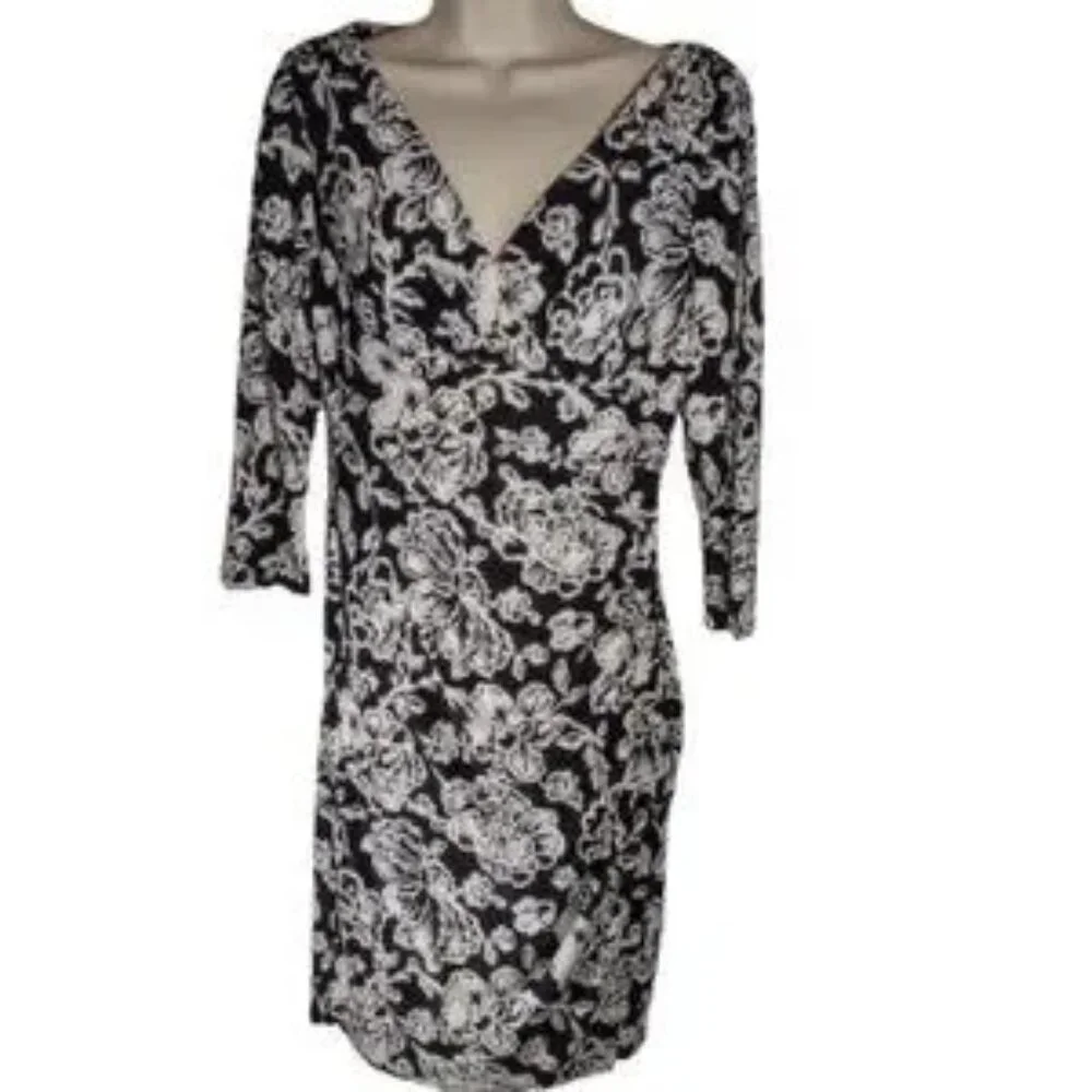 Lauren Ralph Lauren Black and White Floral Dress with 3/4 Sleeve- Size 2 - Picture 3 of 8